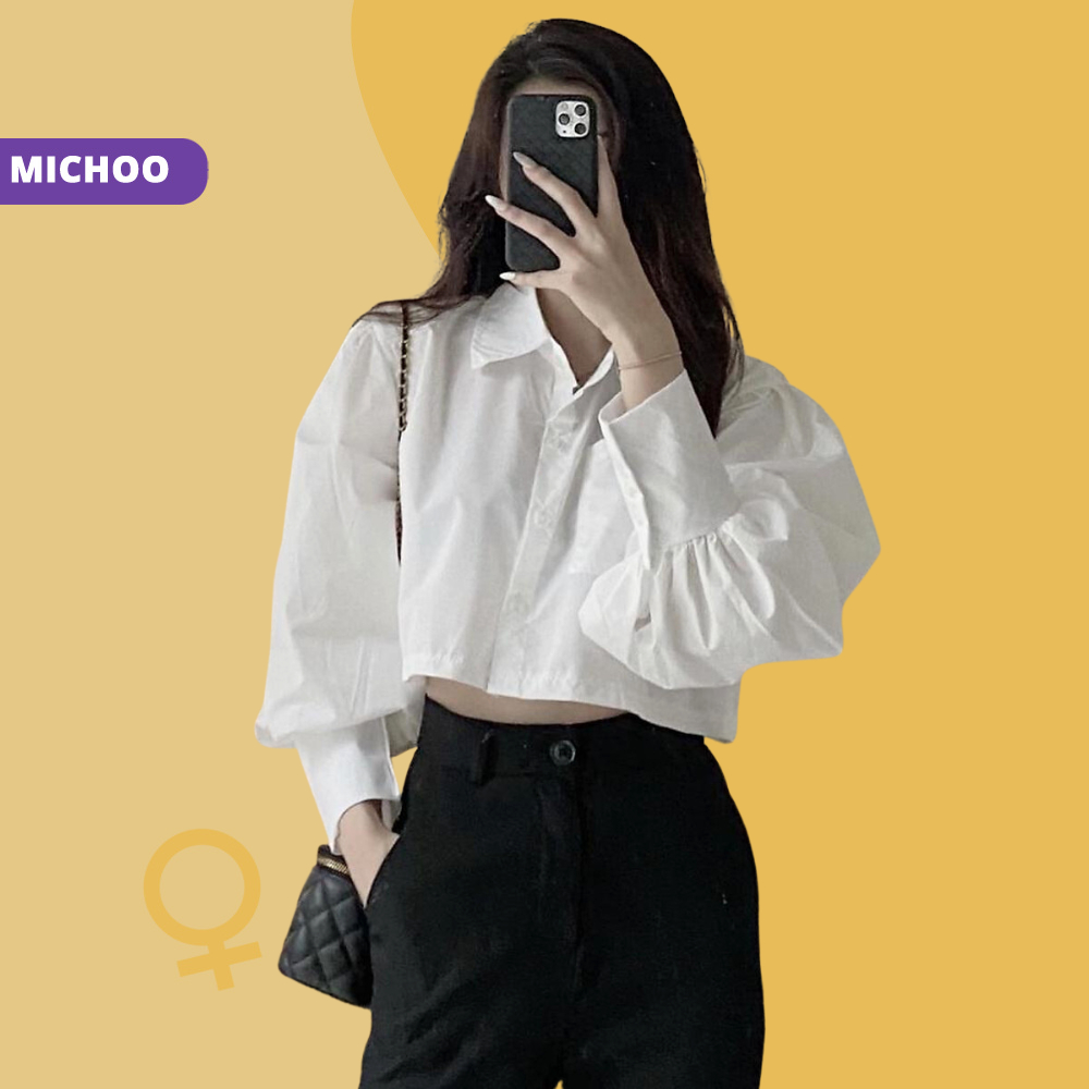 Áo Sơ Mi Croptop Lửng MICHOO Trắng Tay Bồng Dài Form Basic