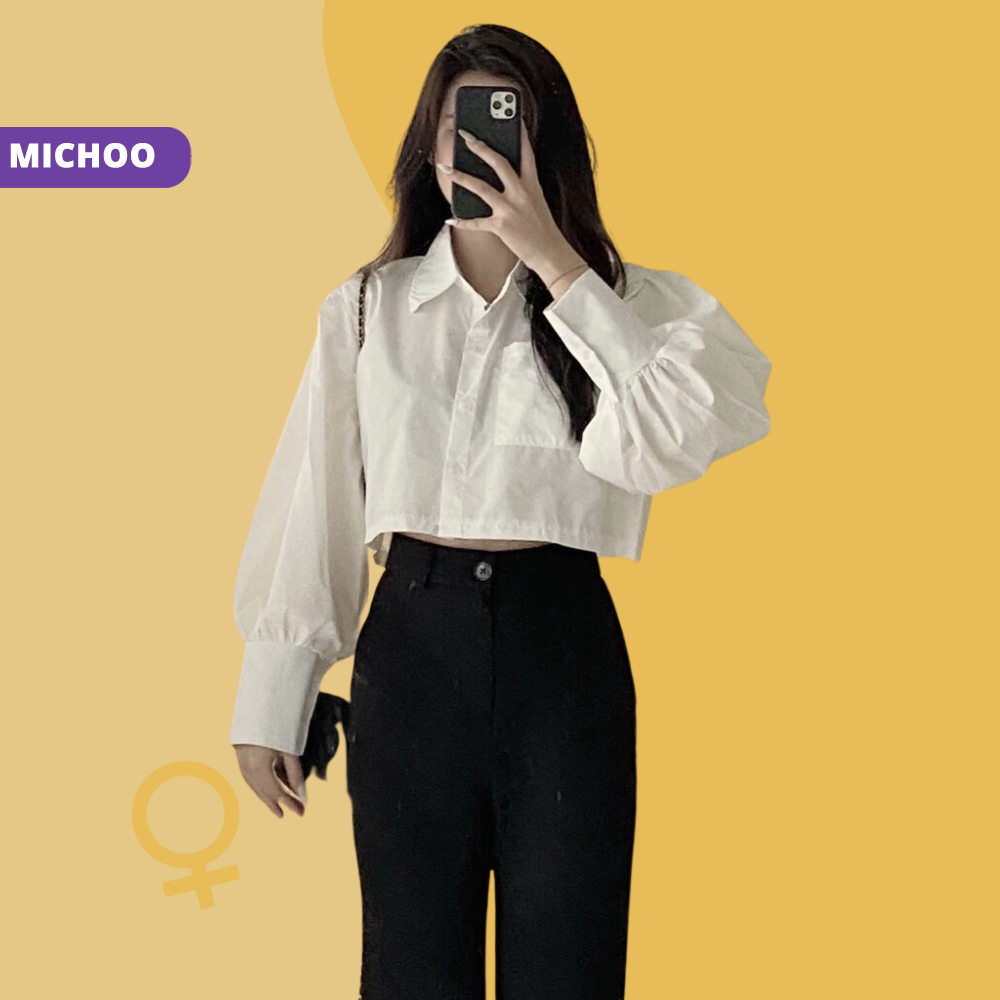 Áo Sơ Mi Croptop Lửng MICHOO Trắng Tay Bồng Dài Form Basic