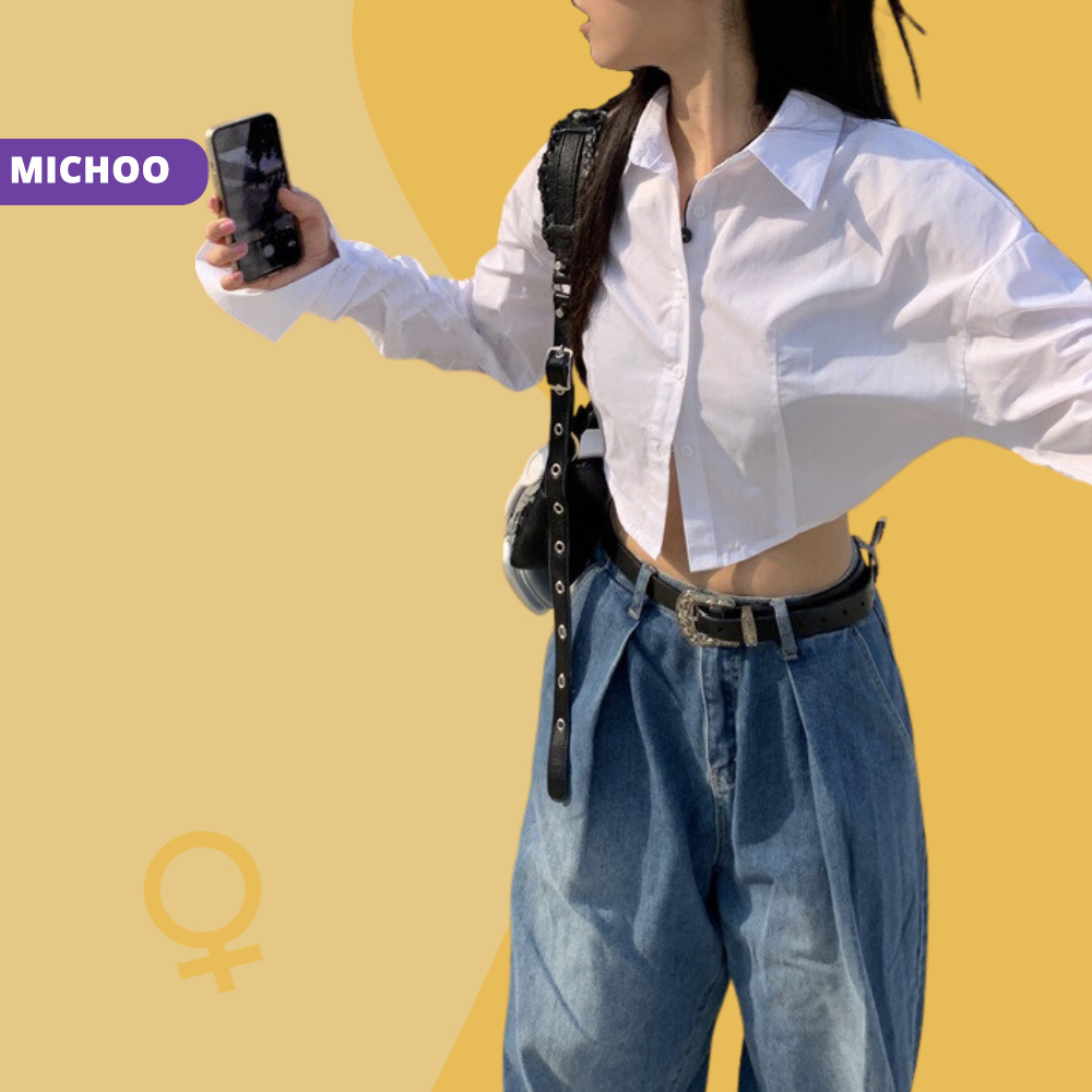 Áo Sơ Mi Croptop Lửng MICHOO Trắng Tay Bồng Dài Form Basic