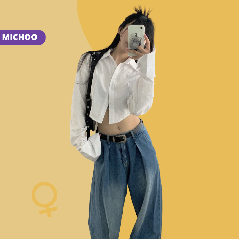 Áo Sơ Mi Croptop Lửng MICHOO Trắng Tay Bồng Dài Form Basic