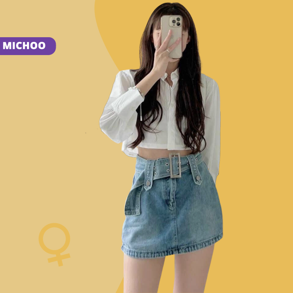 Áo Sơ Mi Croptop Lửng MICHOO Trắng Tay Bồng Dài Form Basic