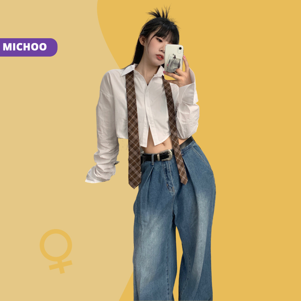 Áo Sơ Mi Croptop Lửng MICHOO Trắng Tay Bồng Dài Form Basic