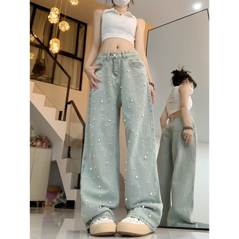Quần Jean Ống Rộng Lưng Cao Cúc Ngọc Quảng Châu