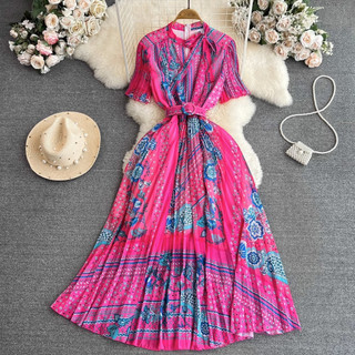 #2809 [Sẵn một số màu] Đầm retro nhẹ nhàng cổ áo ngắn tay xếp ly in chữ A