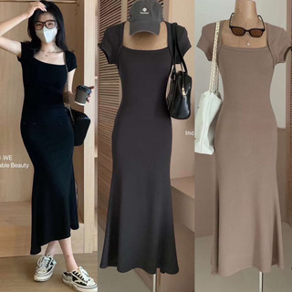 Đầm thun đuôi cá cổ U tay ngắn trơn size SM 3 màu Pumi 14791