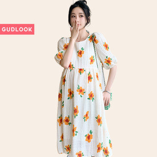 Váy Suông Form Rộng Đũi Xốp GUDLOOK Hoa Cam Tay Bồng Mặc Đi Biển