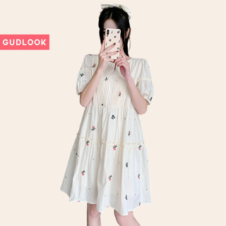 Đầm Suông Thêu Hoa GUDLOOK Phối Hoa Nhí Form Rộng Mát