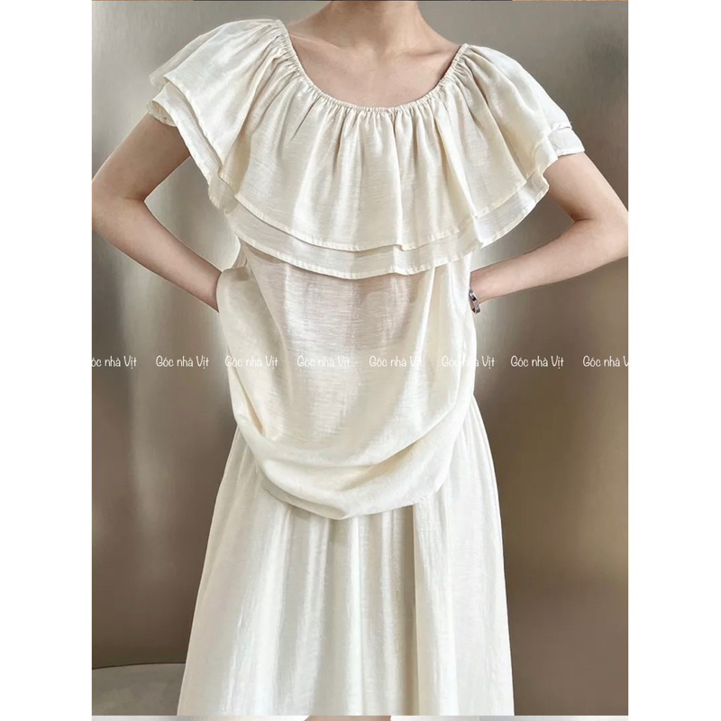 Set áo bẹt vai & váy vải voan tiểu thư