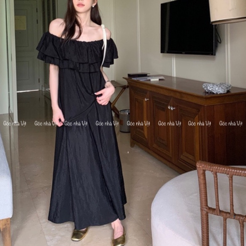 Set áo bẹt vai & váy vải voan tiểu thư