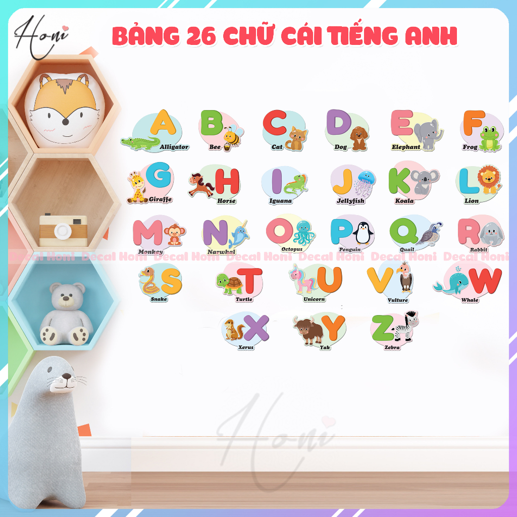 Bộ Decal 26 Chữ Cái Tiếng Anh có Con Vật  và Chữ Số Tiếng Anh