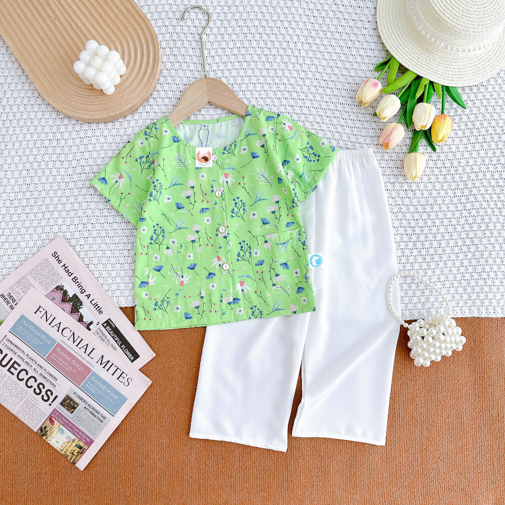 Bộ đồ bà ba in hoa cho bé gái chất vải lụa mềm mát từ 8kg đến 26kg-NEMOKIDS