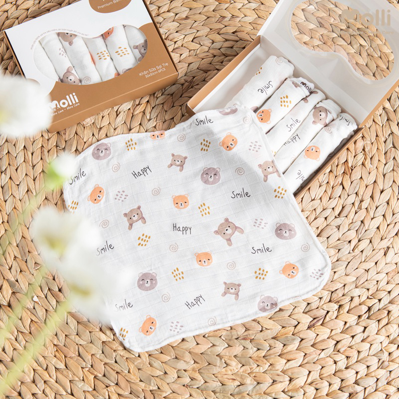 Hộp 6 khăn sợi tre Molli Premium 2 lớp mỏng mềm mịn kháng khuẩn - Khăn sữa sợi tre cho bé