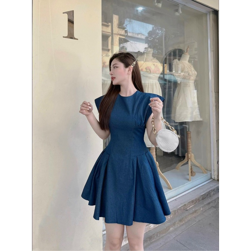 Florence - Đầm denim xoè tay lỡ xếp ly