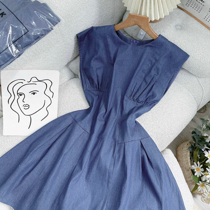 Florence - Đầm denim xoè tay lỡ xếp ly