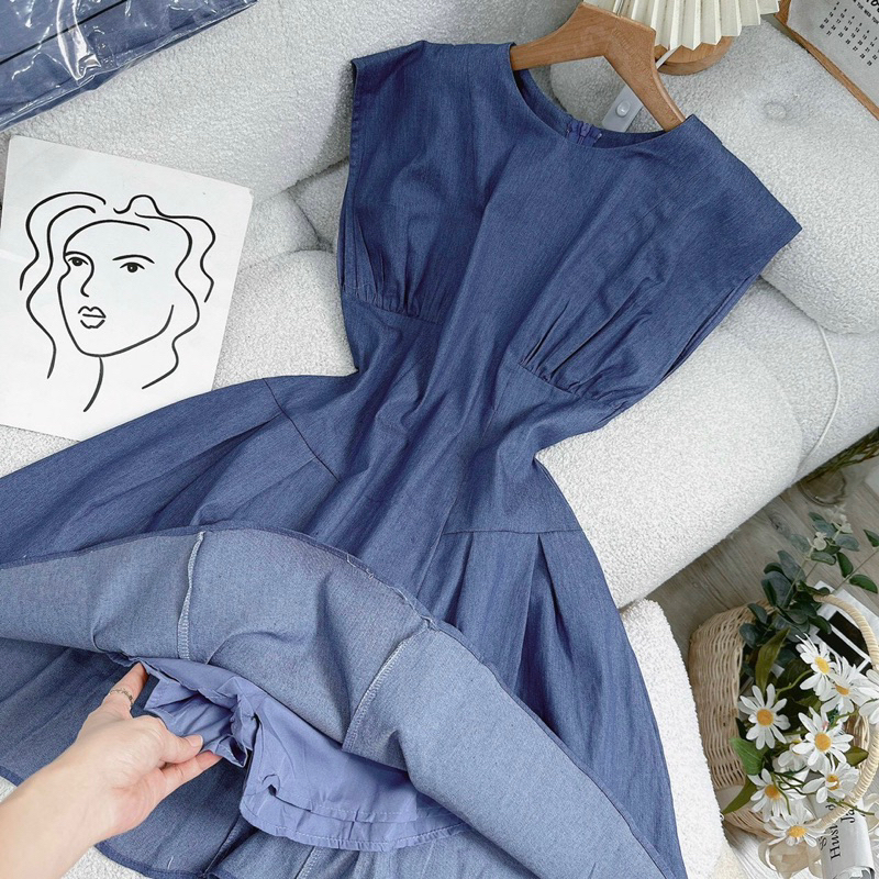 Florence - Đầm denim xoè tay lỡ xếp ly