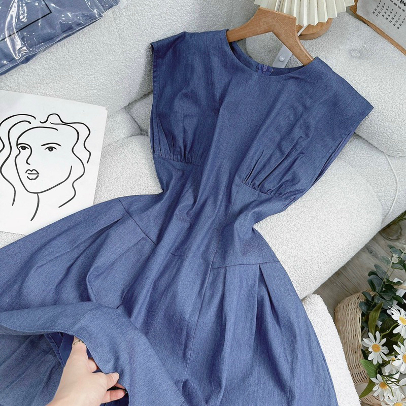 Florence - Đầm denim xoè tay lỡ xếp ly