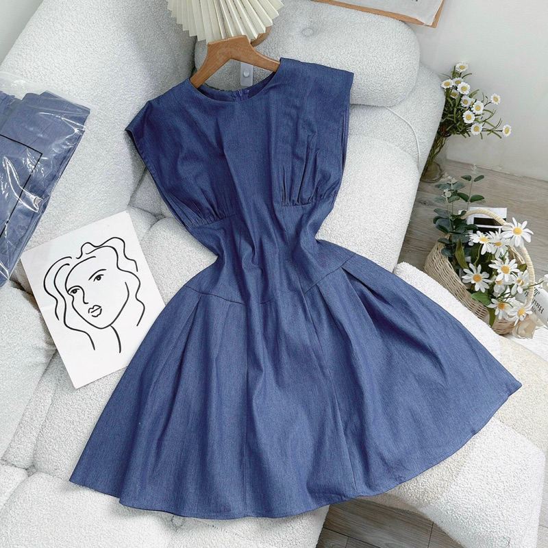 Florence - Đầm denim xoè tay lỡ xếp ly