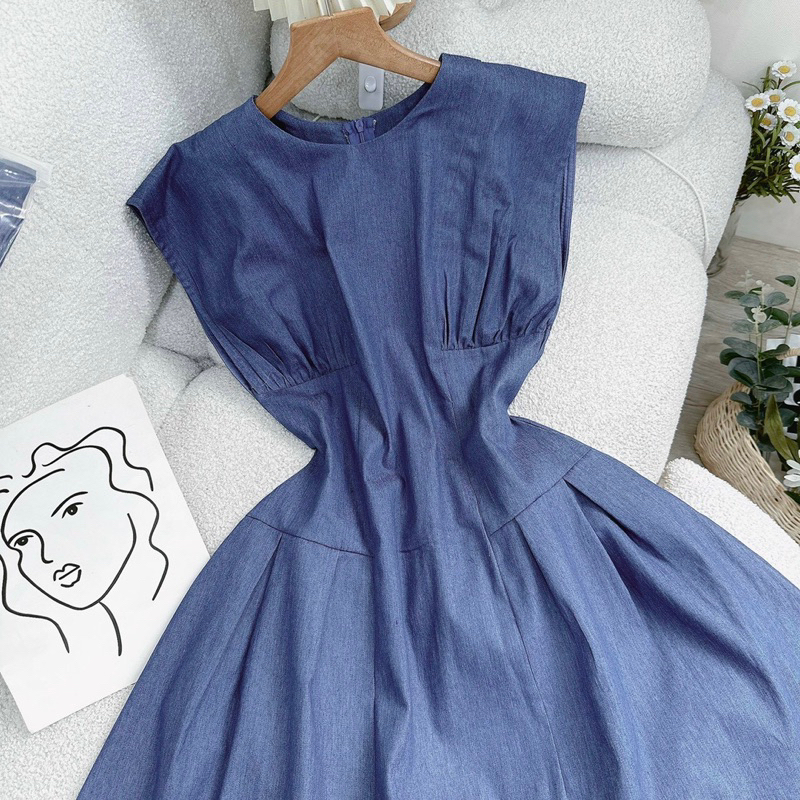 Florence - Đầm denim xoè tay lỡ xếp ly