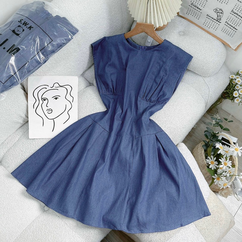 Florence - Đầm denim xoè tay lỡ xếp ly