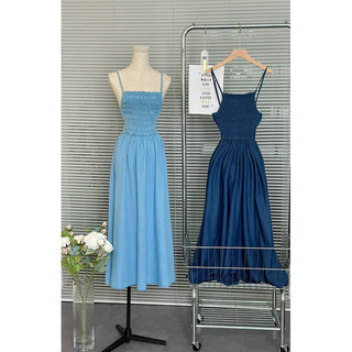 Đầm Jean 2Dây TK Dáng Dài Nhúng Thun Ngực,Chất Jean mềm đẹp Lên form chuẩn mẫu Mặc( S/M.