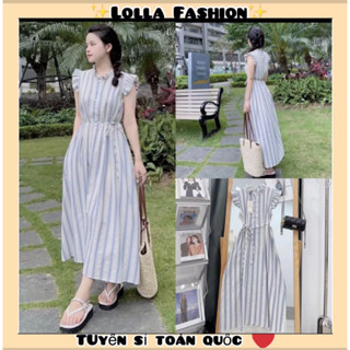 ( Hàng 2 Lớp 4 Size): Váy Kẻ Sọc Cánh Tiên Cổ Bèo Hàng 2 Lớp Dày Dặn Kèm Dây Đai Dáng Suông Bầu Bí BoChen VD.504