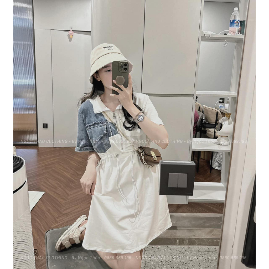 Váy zip pha bò khóa trước rút eo 3 màu