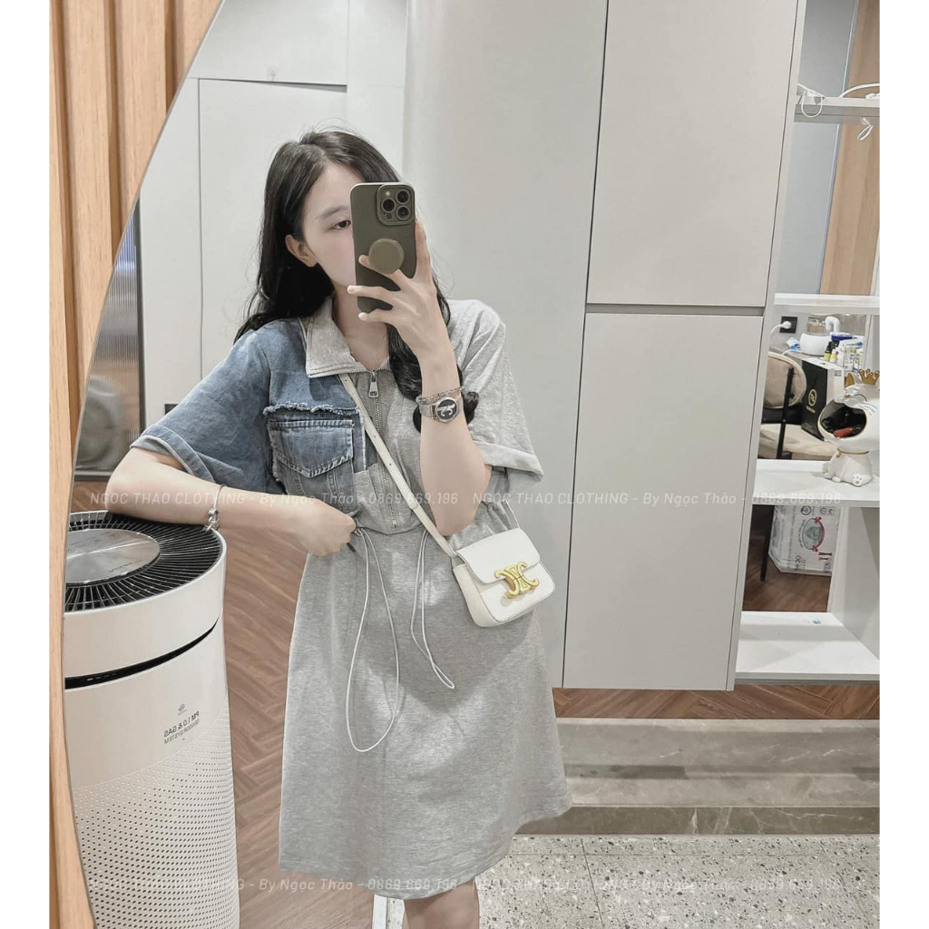 Váy zip pha bò khóa trước rút eo 3 màu