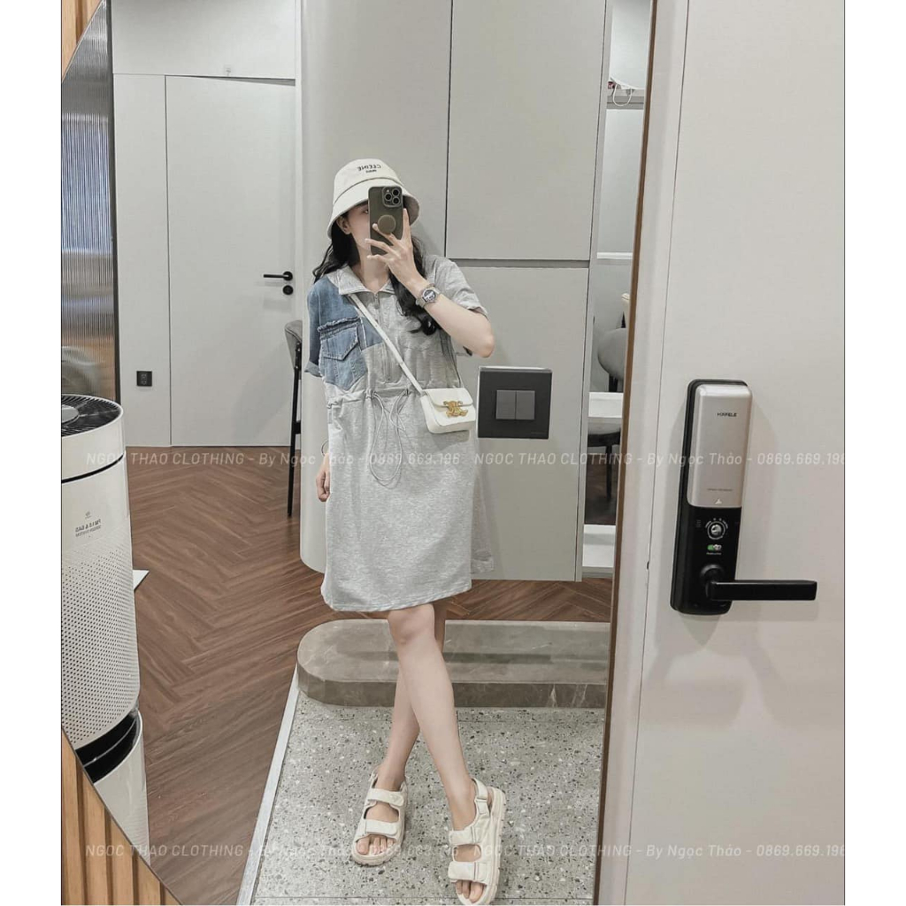 Váy zip pha bò khóa trước rút eo 3 màu