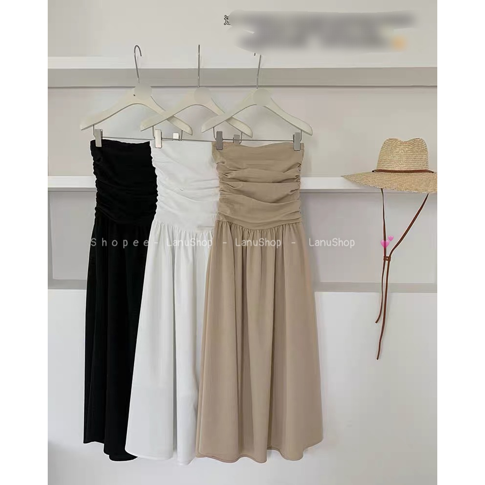 Váy quây rúm ngực chân váy xoè Chất đũi kẻ sọc, Đầm dáng dài cúp ngực nhiều màu chun sau LanuShop