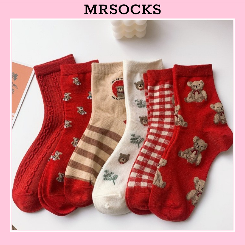 Tất cổ cao nam nữ gấu đỏ cotton kháng khuẩn thời trang hàn quốc giá rẻ MRSOCKS VC127