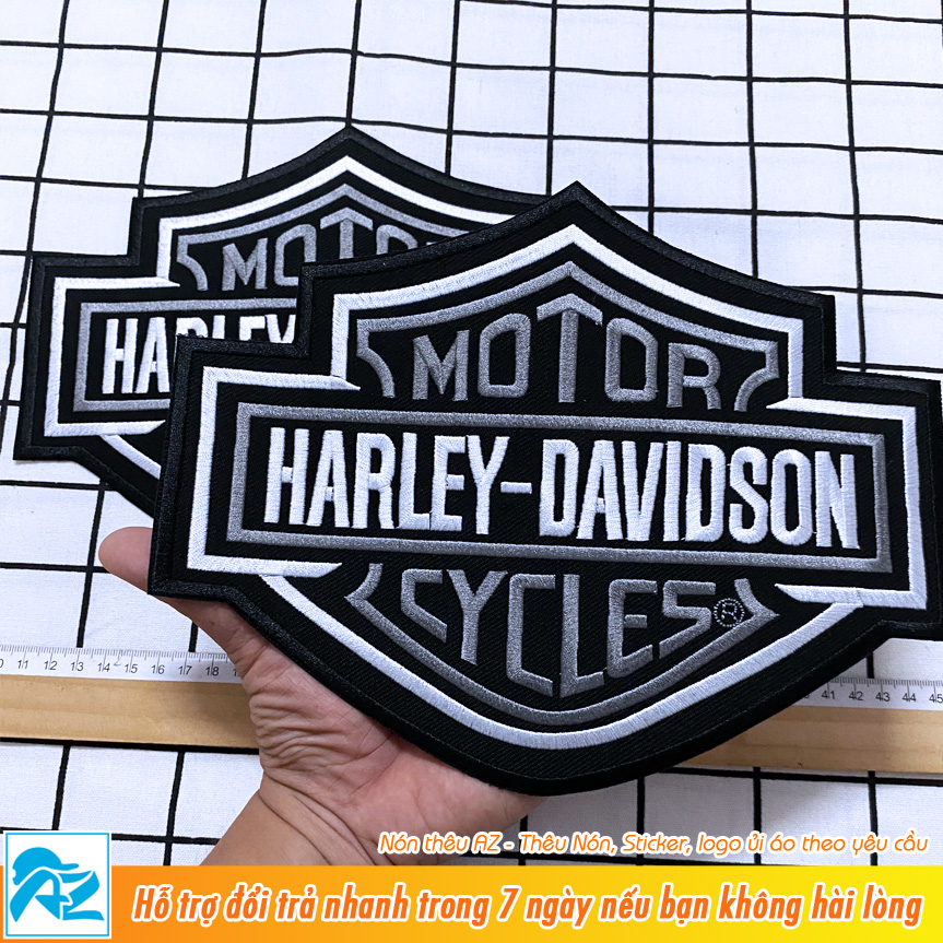 Patch vải thêu hình logo harley davidson lớn (xám trắng) - Sticker ủi vá quần áo S519