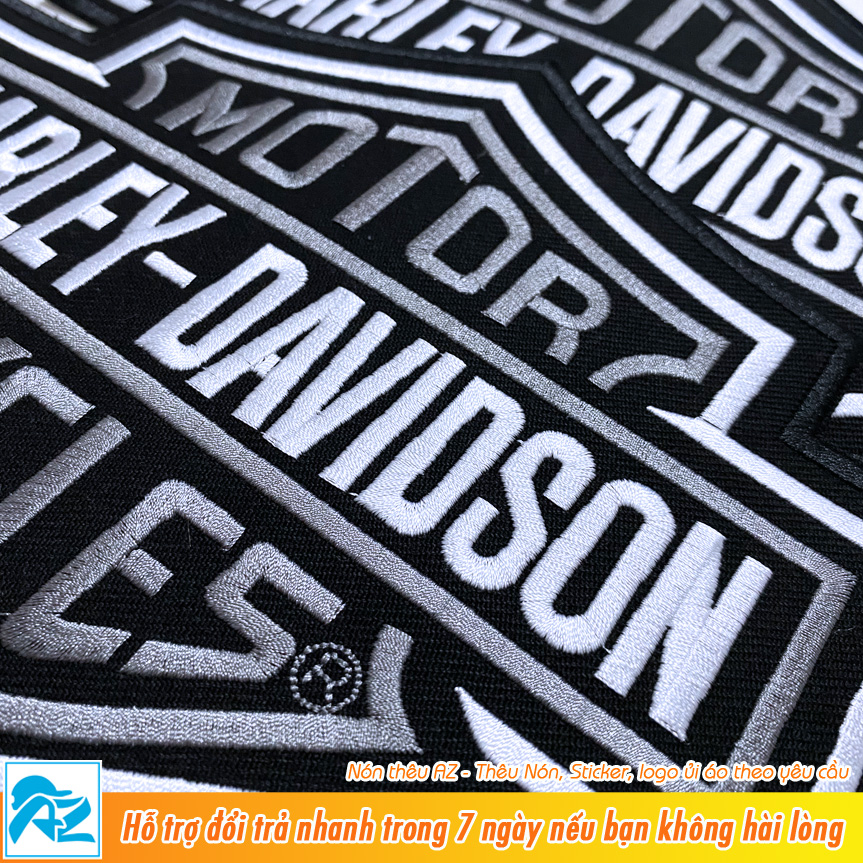 Patch vải thêu hình logo harley davidson lớn (xám trắng) - Sticker ủi vá quần áo S519