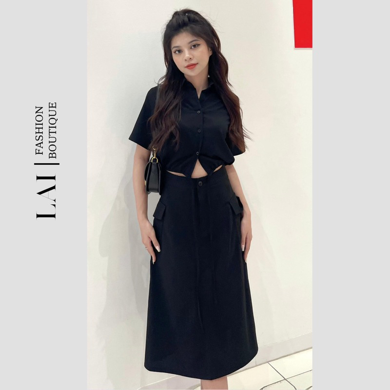 Set Áo Sơ Mi Nữ Trơn Ngắn Tay Kèm Chân Váy Dáng Basic Vải Đũi Công Sở Mặc Đi Làm Đi Chơi