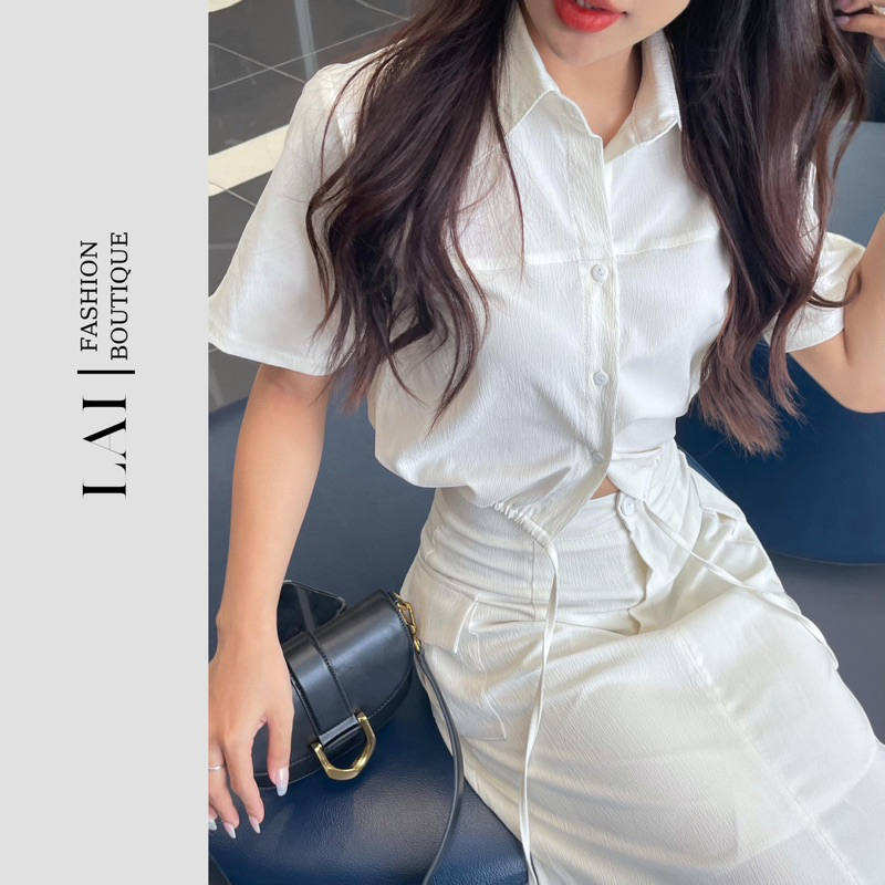 Set Áo Sơ Mi Nữ Trơn Ngắn Tay Kèm Chân Váy Dáng Basic Vải Đũi Công Sở Mặc Đi Làm Đi Chơi