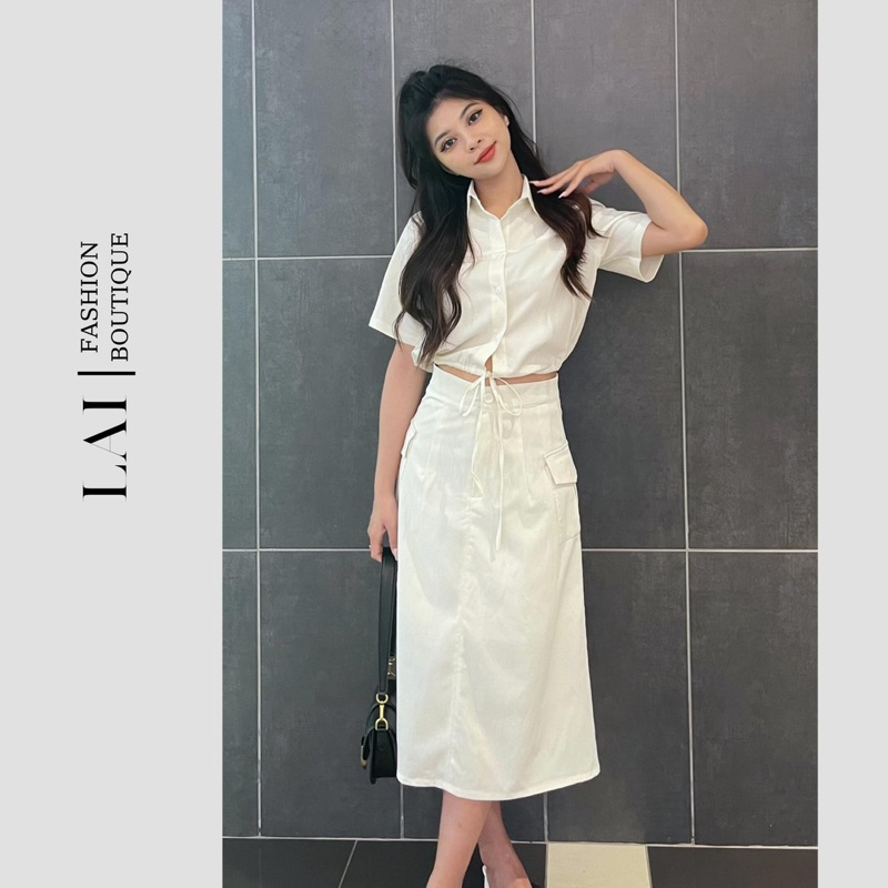 Set Áo Sơ Mi Nữ Trơn Ngắn Tay Kèm Chân Váy Dáng Basic Vải Đũi Công Sở Mặc Đi Làm Đi Chơi