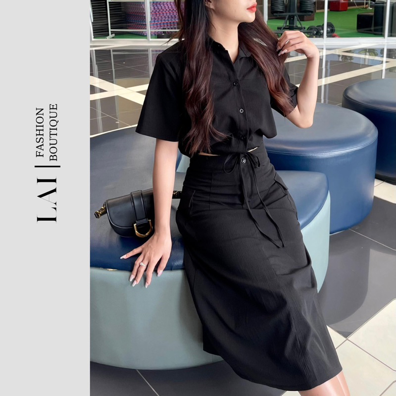 Set Áo Sơ Mi Nữ Trơn Ngắn Tay Kèm Chân Váy Dáng Basic Vải Đũi Công Sở Mặc Đi Làm Đi Chơi