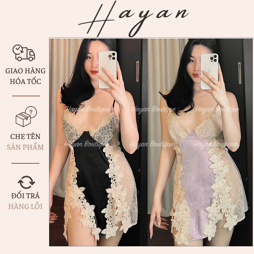 HT321 Váy ngủ sexy lụa xẻ đùi tôn dáng kèm ĐỆM LÓT, đầm ngủ lụa phối ren sang chảnh HT321