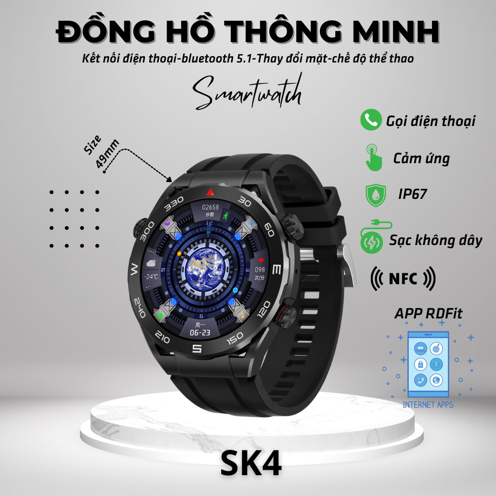 Đồng hồ thông minh smartwatch SK4, kết nối điện thoại, bluetooth kết nối cuộc gọi, NFC