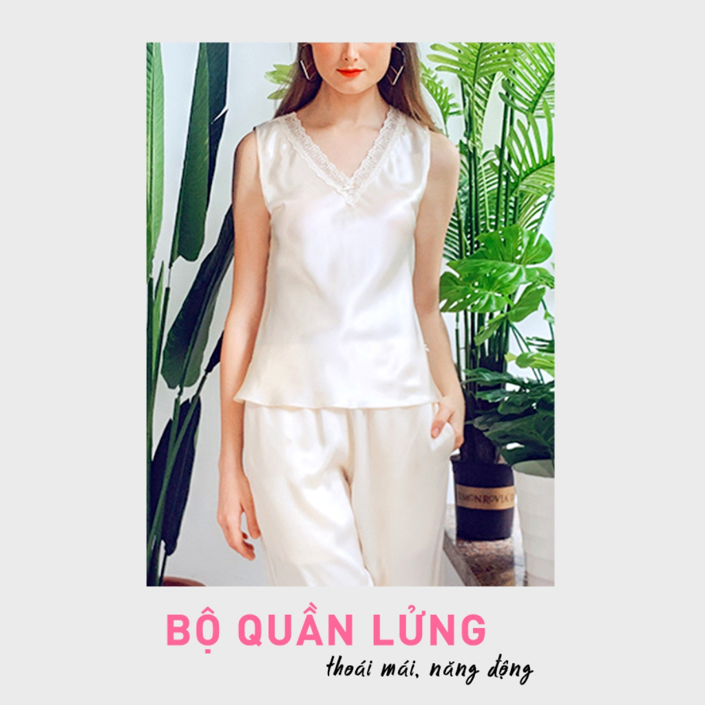 Đồ bộ mặc nhà phi lụa WANNABE BLS11 đồ bộ quần lửng phối áo tay sát nách phối ren cổ mang lại vẻ đẹp nhẹ nhàng dịu dàng