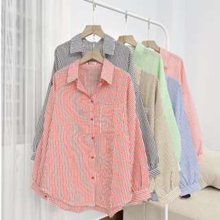  Áo Sơ Mi Nữ Xốp Mềm Kẻ Sọc Form Rộng Vừa Sơ Mi Sọc Kẻ Tay Dài Phồng Freesize Cho Nữ SUBICI 