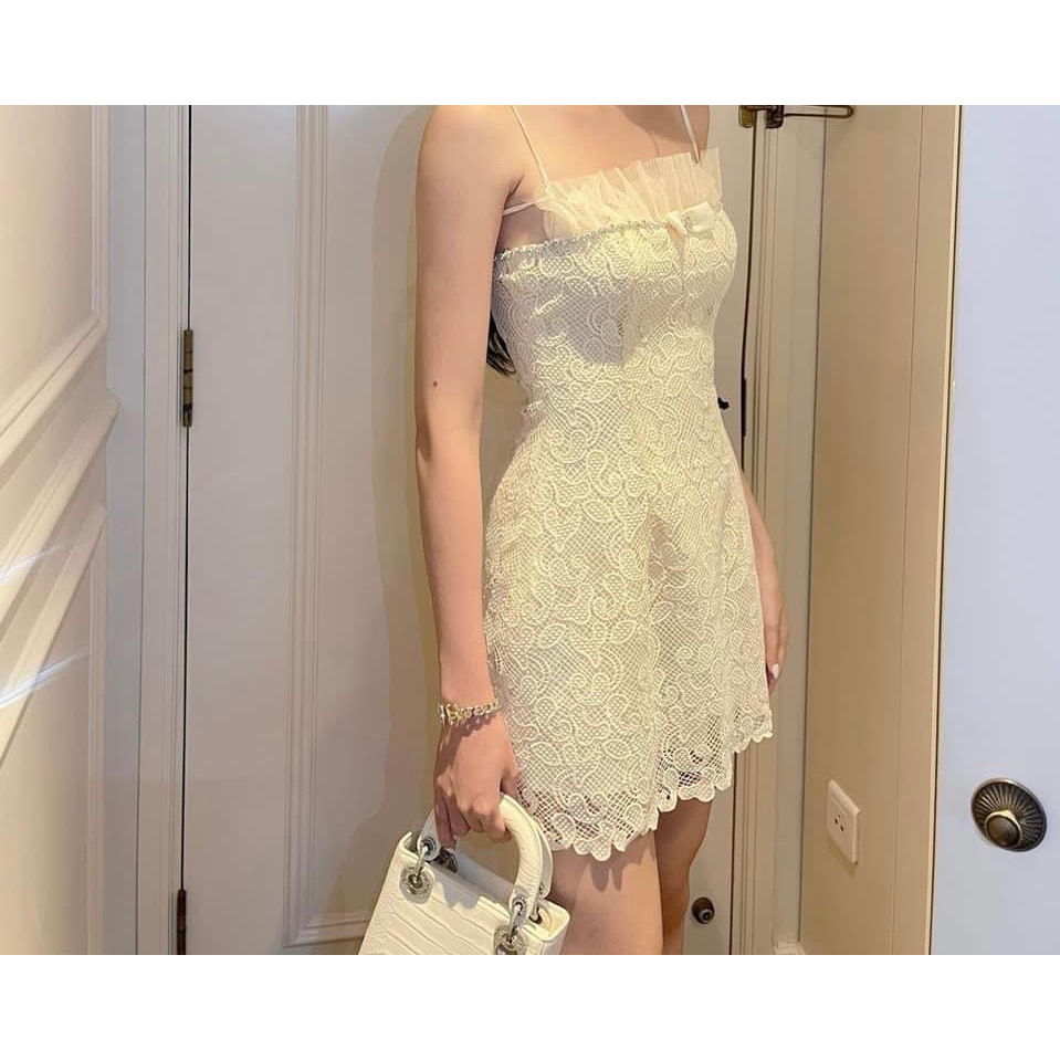 Váy hai dây ren phối bèo đính đá dáng ngắn sang chảnh tiểu thư