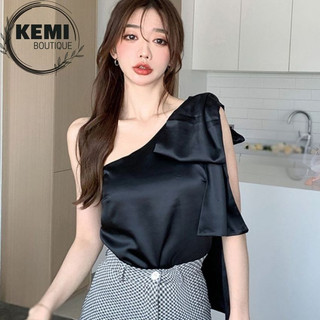 Áo lụa nữ kiểu Hàn Quốc thắt nơ lệch vai áo kiểu trễ vai nữ thiết kế sang chảnh tiểu thư – kemi