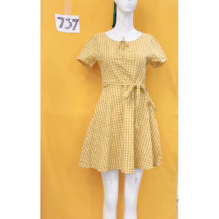 Đầm sơ mi caro vàng lưng cao cột eo size S.S737