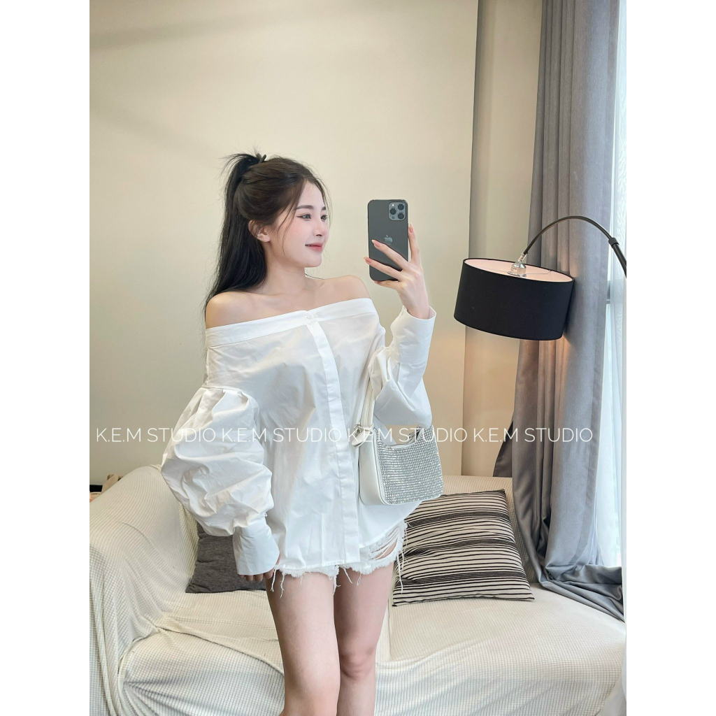 [HOT HOT] Áo Sơ Mi Nữ Trễ Vai Dài Tay Nhún Chất Thô Đẹp, Áo Sơ Mi Dài Tay Hàng Chuẩn Đẹp