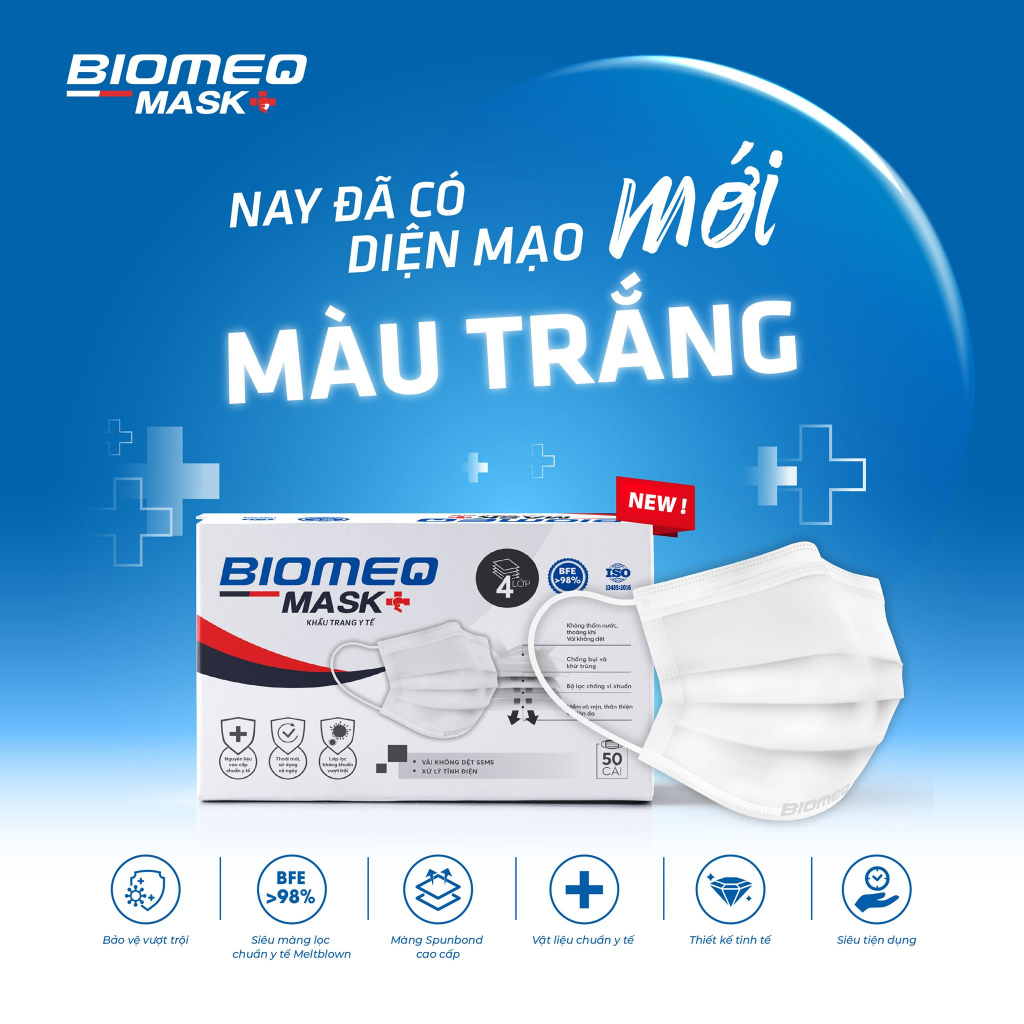 KHẨU TRANG Y TẾ KHÁNG KHUẨN 4 LỚP BIOMEQ MASK+ MÀU TRẮNG XANH XÁM