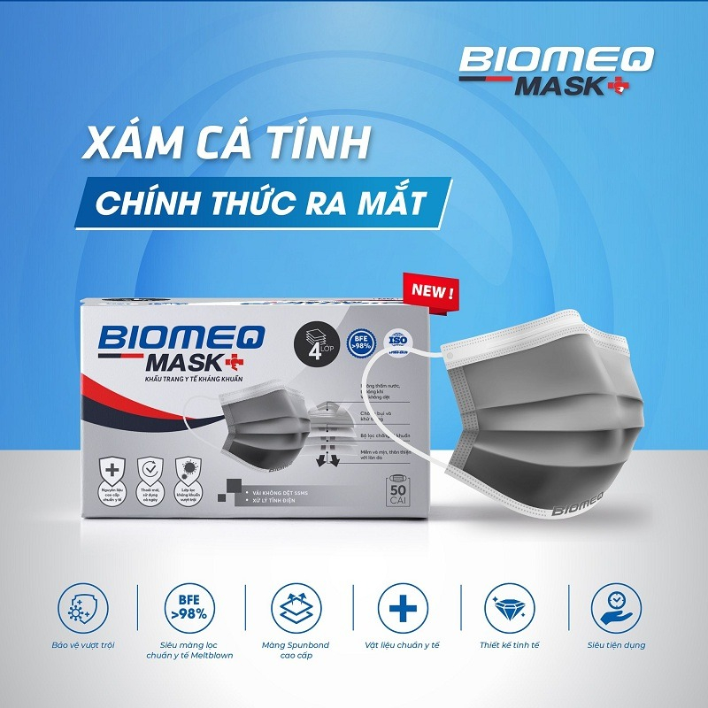 KHẨU TRANG Y TẾ KHÁNG KHUẨN 4 LỚP BIOMEQ MASK+ MÀU TRẮNG XANH XÁM