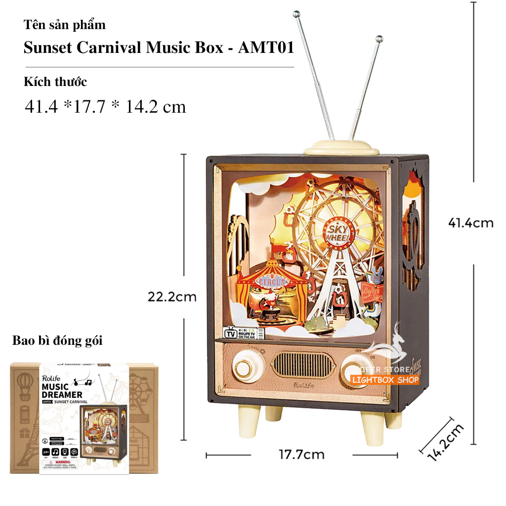HD Tiếng Việt. Hộp nhạc Robotime Rolife Sunset Carnival Music Box 3D Wooden Puzzle AMT01 | Bộ lắp ráp xếp hình gỗ 3D DIY