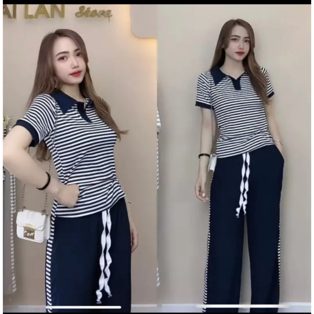 Set Suông Chất Thun Gân Áo Sọc Cổ Trụ Bigsize Mặc Nhà