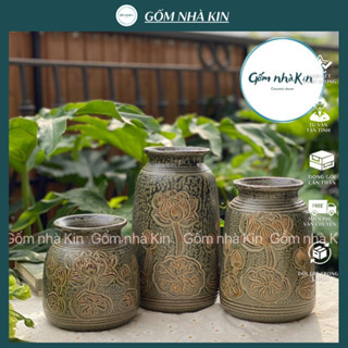 Bộ 3 bình gốm khắc tay họa tiết hoa sen, men xanh mộc cổ kính  | Gốm Nhà Kin