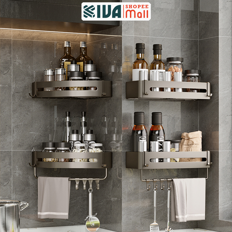 Bộ sưu tập giá kệ nhà tắm LUXURY KIVA màu xám chất liệu nhôm hàng không cao cấp, lắp đặt bằng 2 cách.